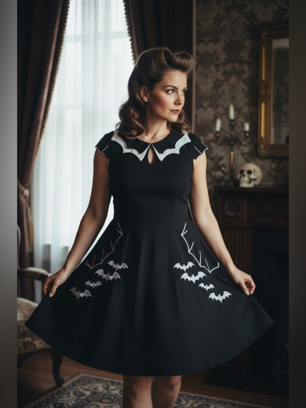 New Adult Wednesday Addams style embroidered bats and webs dress SZ S